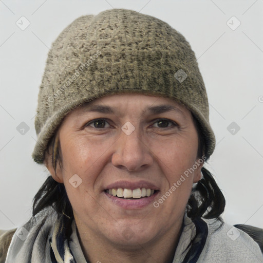 Joyful white adult female with short  brown hair and grey eyes