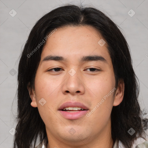 Joyful white young-adult male with medium  brown hair and brown eyes