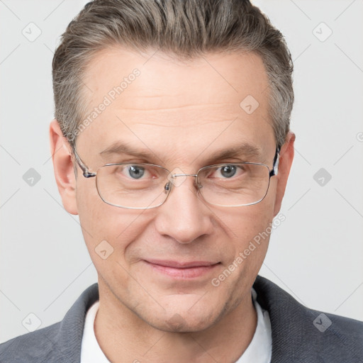 Joyful white adult male with short  brown hair and grey eyes