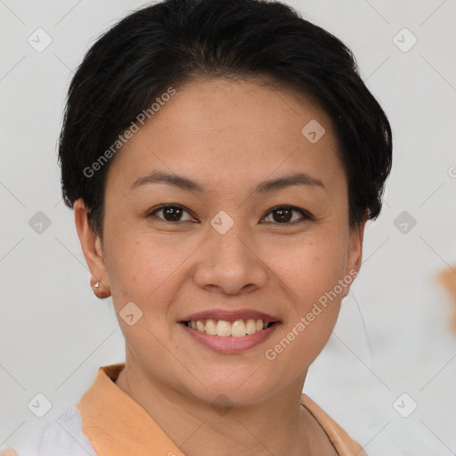 Joyful white young-adult female with short  brown hair and brown eyes