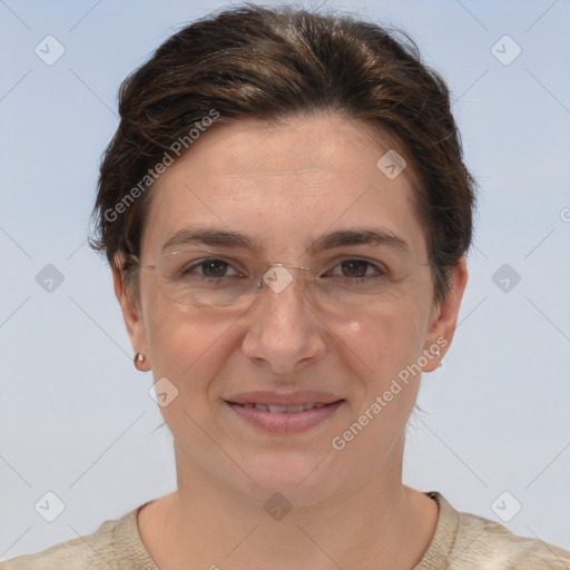 Joyful white adult female with short  brown hair and brown eyes