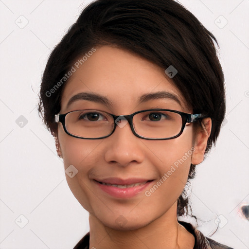 Joyful white young-adult female with medium  black hair and brown eyes