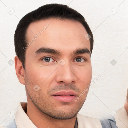 Neutral white young-adult male with short  brown hair and brown eyes