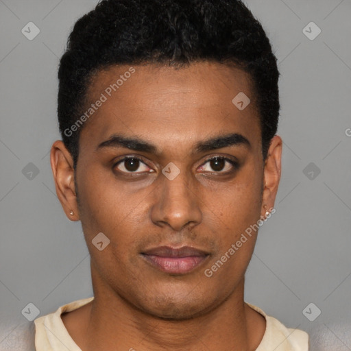 Neutral latino young-adult male with short  black hair and brown eyes