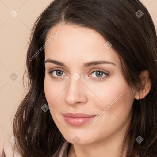 Neutral white young-adult female with long  brown hair and brown eyes