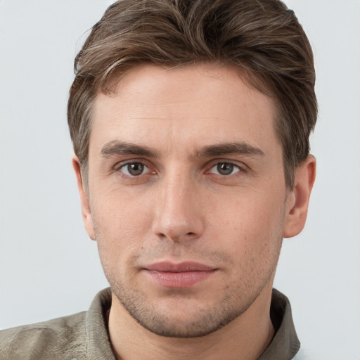 Neutral white young-adult male with short  brown hair and grey eyes