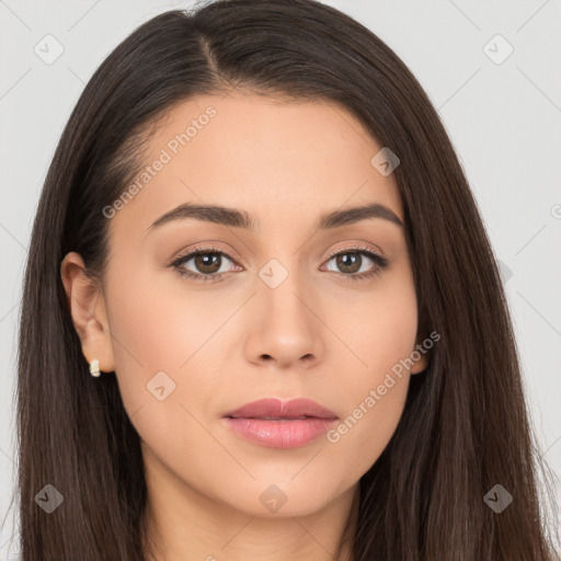 Neutral white young-adult female with long  brown hair and brown eyes