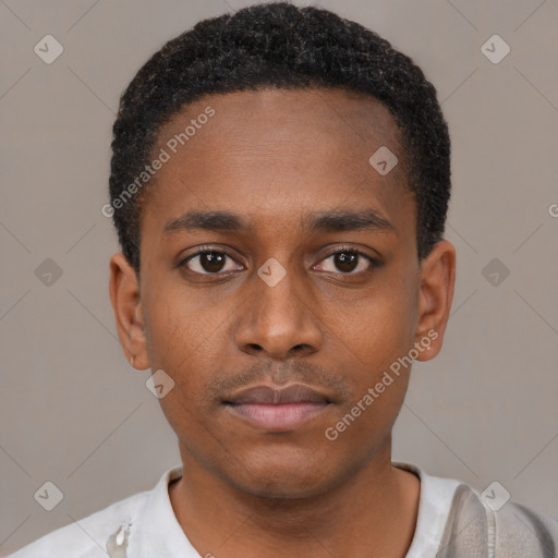 Neutral black young-adult male with short  black hair and brown eyes