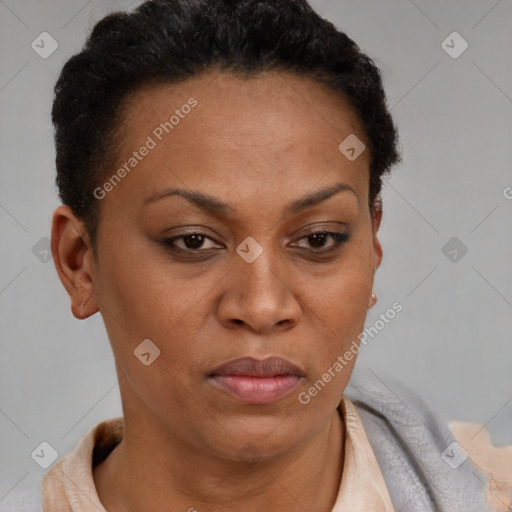 Joyful latino adult female with short  brown hair and brown eyes