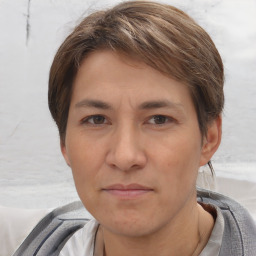 Neutral white adult female with short  brown hair and brown eyes