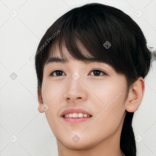 Joyful white young-adult male with long  brown hair and brown eyes