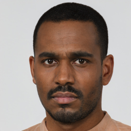 Neutral black young-adult male with short  black hair and brown eyes