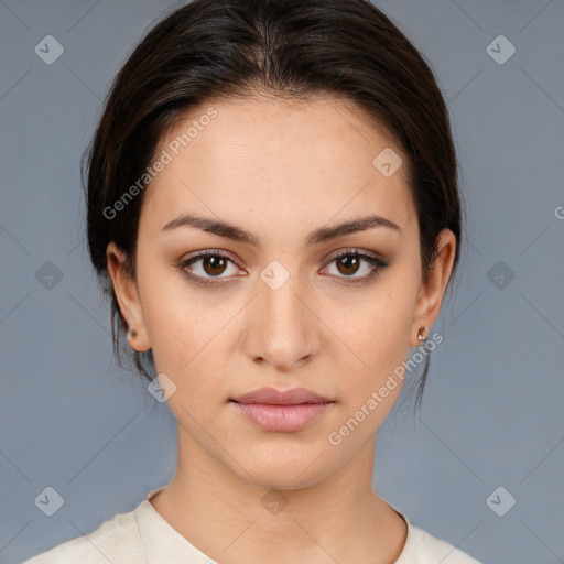 Neutral white young-adult female with medium  brown hair and brown eyes