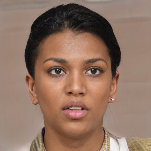 Neutral latino young-adult female with short  brown hair and brown eyes