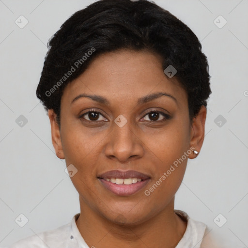 Joyful latino young-adult female with short  brown hair and brown eyes