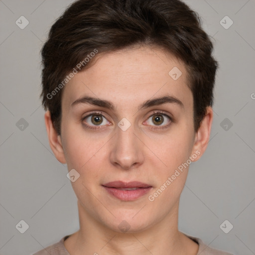 Neutral white young-adult female with short  brown hair and brown eyes