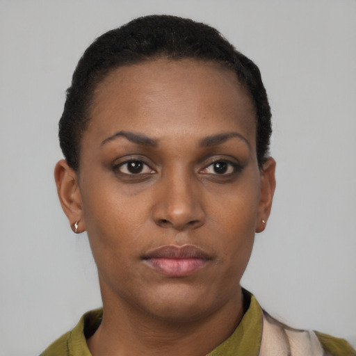 Neutral black young-adult female with short  brown hair and brown eyes