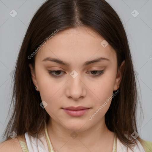 Neutral white young-adult female with medium  brown hair and brown eyes