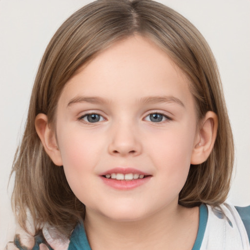 Joyful white child female with medium  brown hair and grey eyes