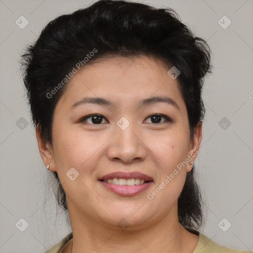 Joyful asian young-adult female with short  brown hair and brown eyes