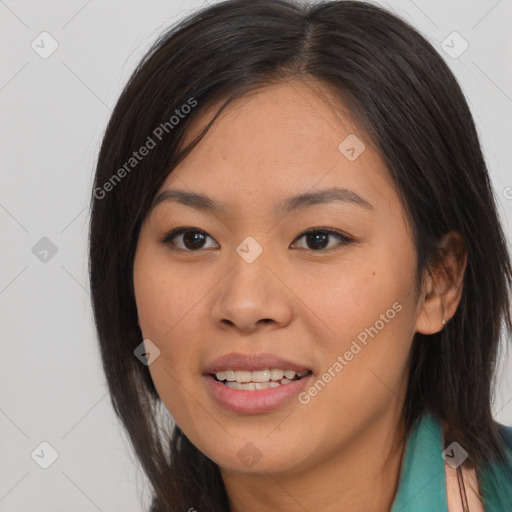 Joyful asian young-adult female with medium  brown hair and brown eyes