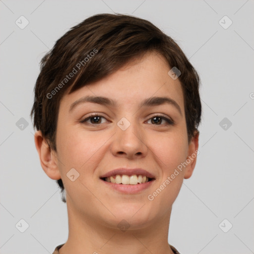 Joyful white young-adult female with short  brown hair and grey eyes