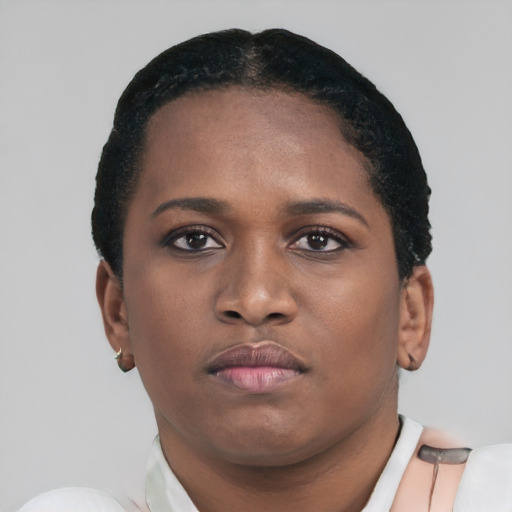 Neutral black young-adult female with short  brown hair and brown eyes