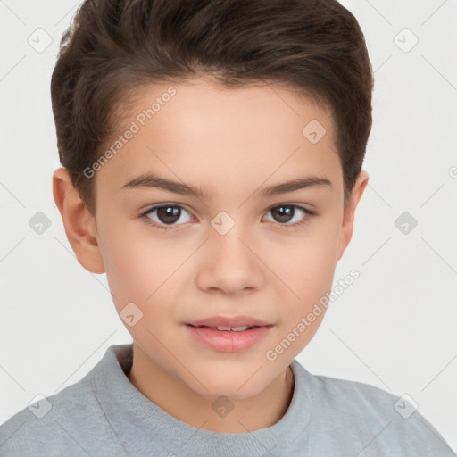 Joyful white child female with short  brown hair and brown eyes