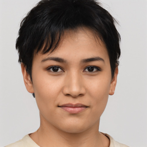 Joyful asian young-adult female with short  brown hair and brown eyes