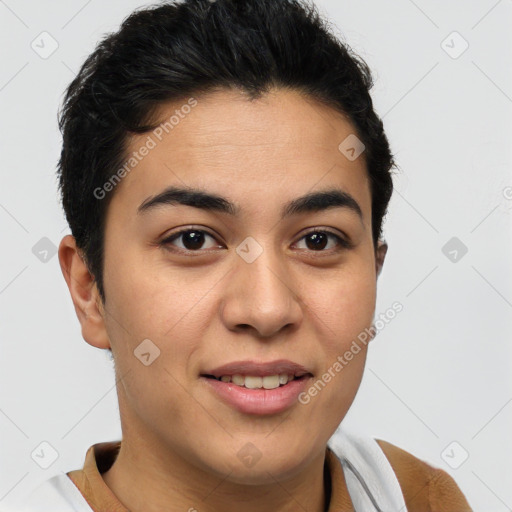 Joyful latino young-adult female with short  brown hair and brown eyes