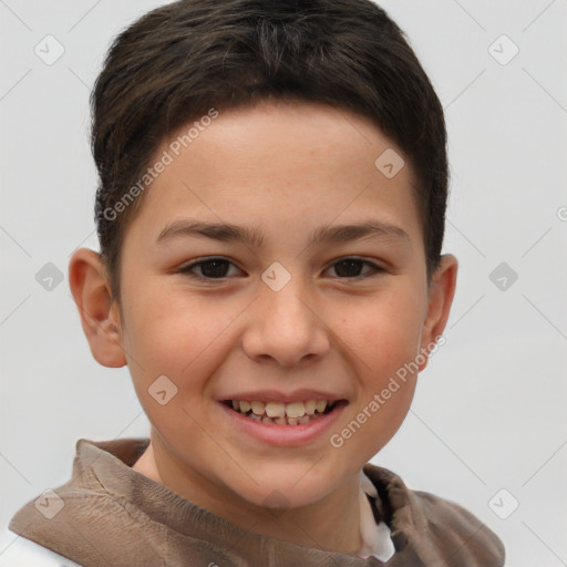 Joyful white child female with short  brown hair and brown eyes