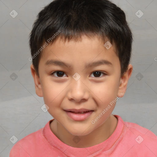 Joyful white child male with short  brown hair and brown eyes