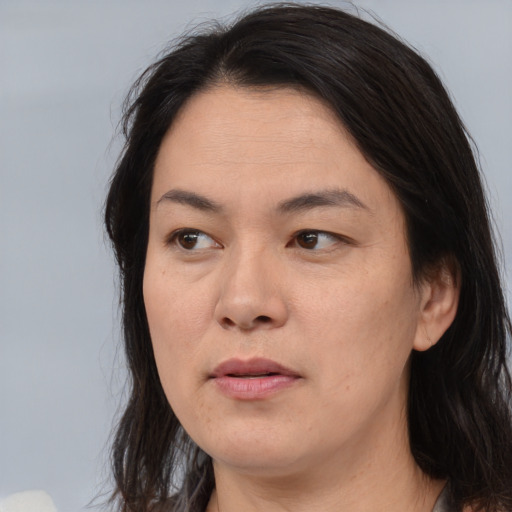 Joyful asian adult female with medium  brown hair and brown eyes