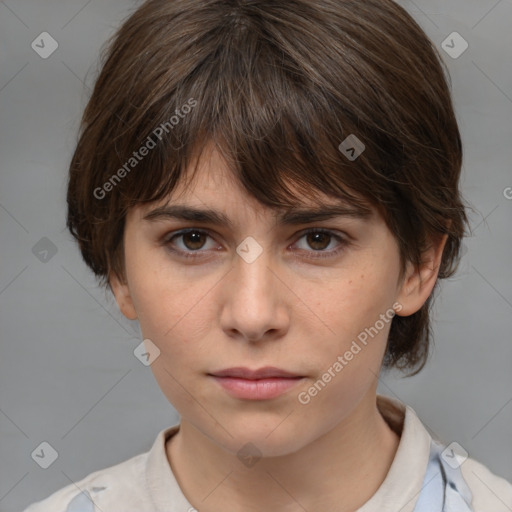 Neutral white young-adult female with medium  brown hair and brown eyes