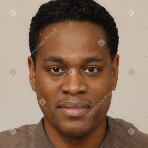 Neutral black young-adult male with short  black hair and brown eyes