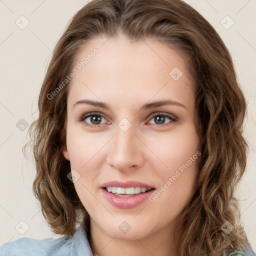 Joyful white young-adult female with medium  brown hair and green eyes