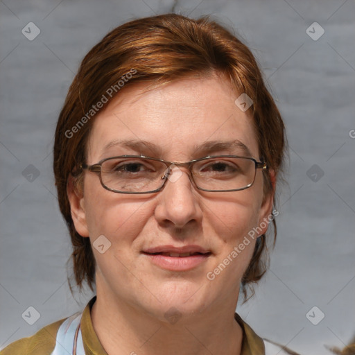 Joyful white adult female with medium  brown hair and brown eyes