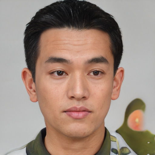Neutral white young-adult male with short  black hair and brown eyes