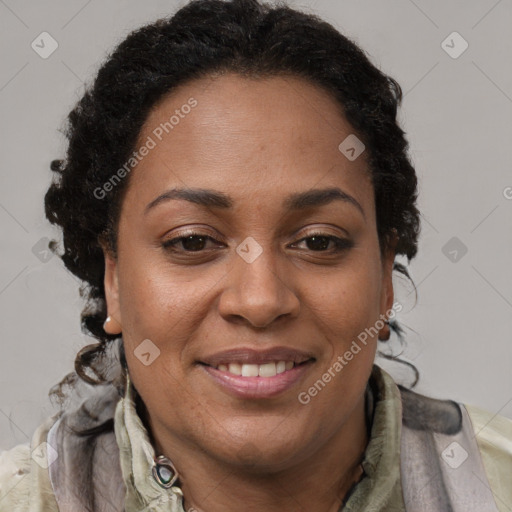 Joyful black adult female with medium  brown hair and brown eyes