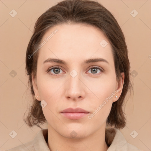 Neutral white young-adult female with medium  brown hair and brown eyes