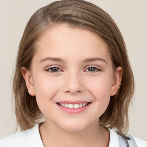 Joyful white child female with medium  brown hair and brown eyes