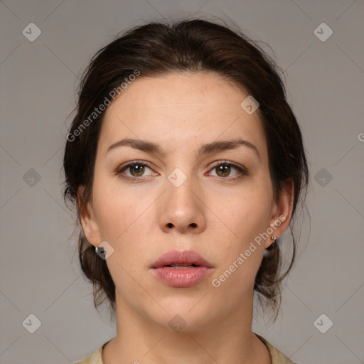 Neutral white young-adult female with medium  brown hair and brown eyes