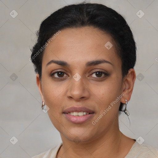 Joyful latino young-adult female with short  brown hair and brown eyes