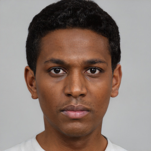 Neutral black young-adult male with short  black hair and brown eyes