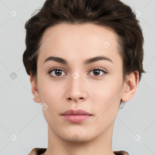 Neutral white young-adult female with short  brown hair and brown eyes