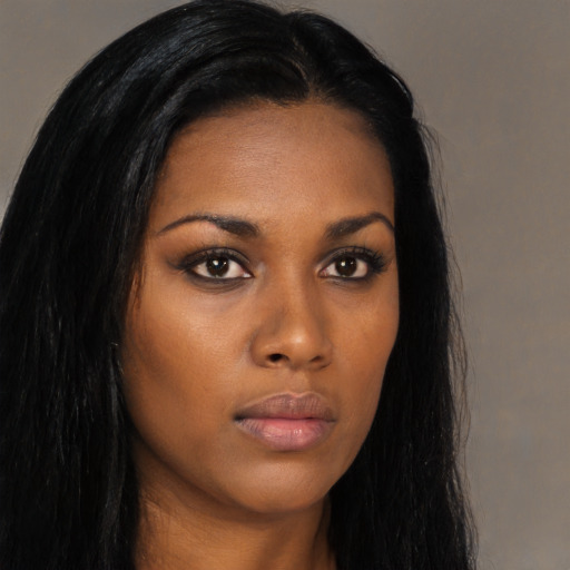 Neutral asian young-adult female with long  black hair and brown eyes