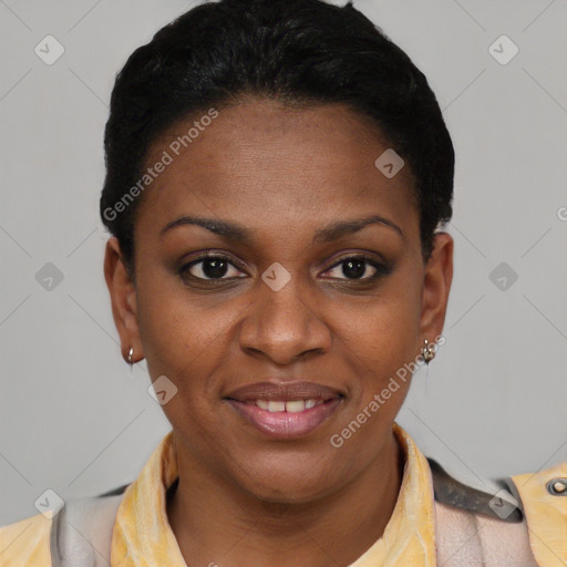 Joyful latino young-adult female with short  brown hair and brown eyes