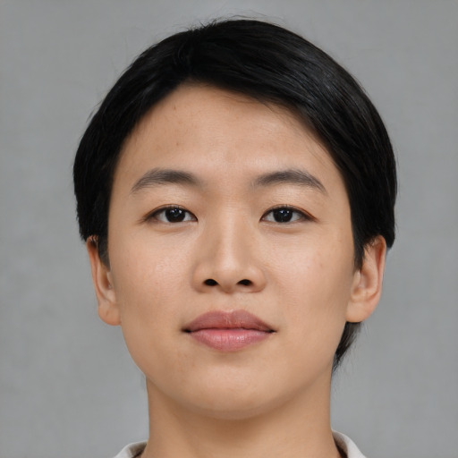 Neutral asian young-adult female with short  black hair and brown eyes