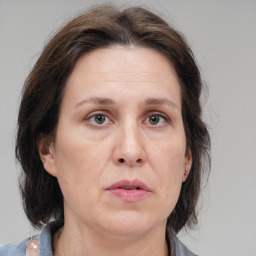 Neutral white adult female with medium  brown hair and brown eyes