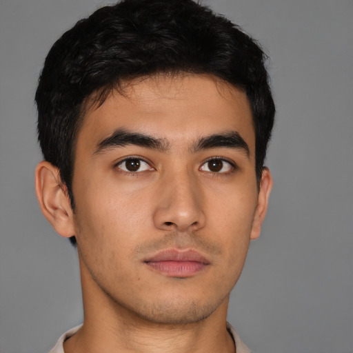 Neutral asian young-adult male with short  brown hair and brown eyes